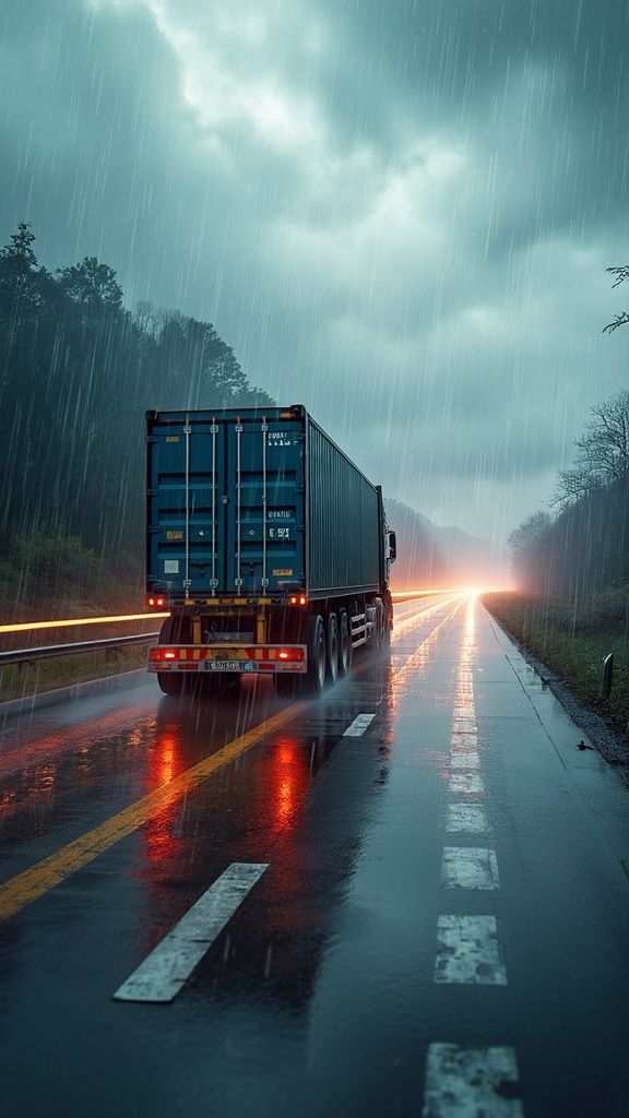 Carreta seguindo viagem em rodovia sob chuva forte